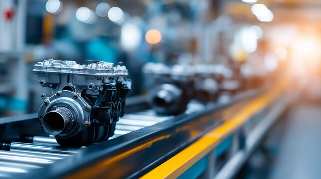 Car engines arranged and moving along a conveyor production line in an automotive manufacturing facility. Defocused background. Car engine conveyor, automotive line, engine