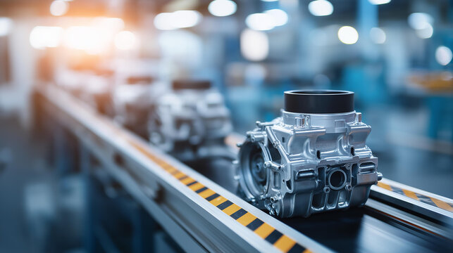Car engines arranged and moving along a conveyor production line in an automotive manufacturing facility. Defocused background. Car engine conveyor, automotive line, engine