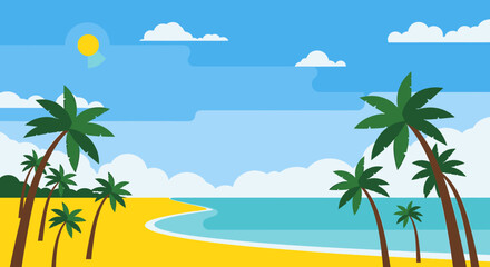 Fototapeta premium Beach scene with palm trees and ocean under clear sky