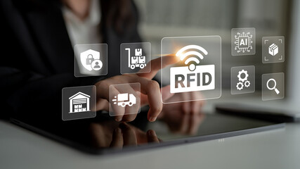 Fototapeta premium A professional adult interacts with a tablet, showcasing RFID technology icons for logistics and inventory management, symbolizing modern supply chain efficiency and innovation. Ledger