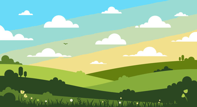 Stylized landscape illustration rolling hills green grass blue sky white clouds