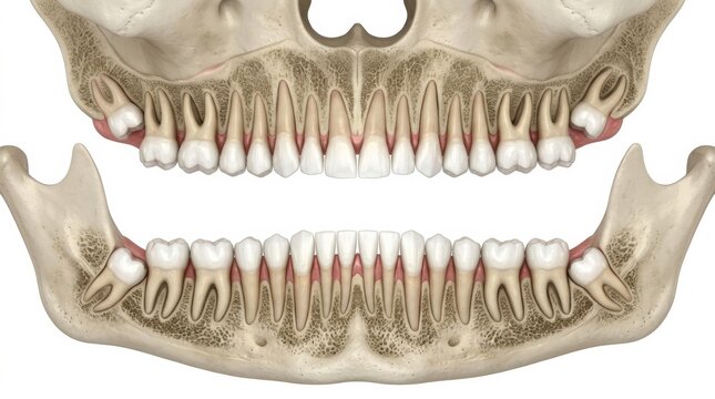 Detailed View of Human Jaws With Teeth Alignment and Structure Illustrated for Educational Use in Dental Studies and Anatomy
