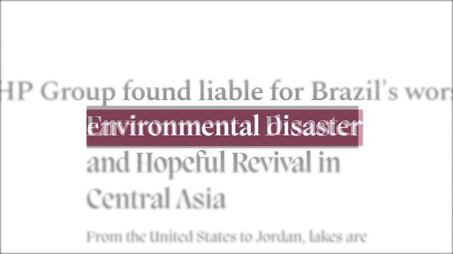 Fast animated sequence of news headlines regarding international environmental disasters, ecological security risks, and industrial pollution liability