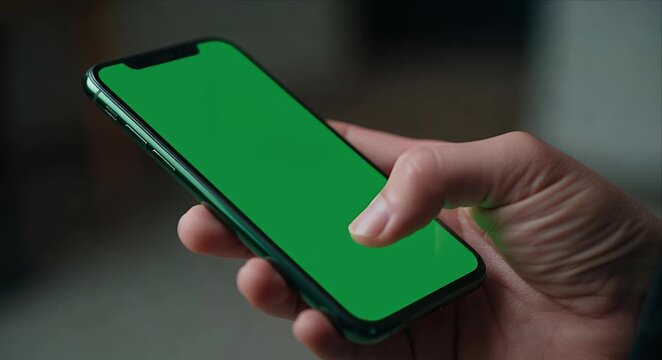 Smartphone green screen in hand with touch gesture, blank mobile device display mockup and copy space for app design, isolated modern technology background