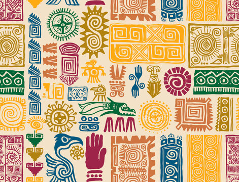 Tribal seamless pattern colorful inspired by Mayan, Aztec and Polynesian motifs. Maya pattern. Ethnic geometric ornament texture for fabric print, rugs, decor, and abstract vector background design.
