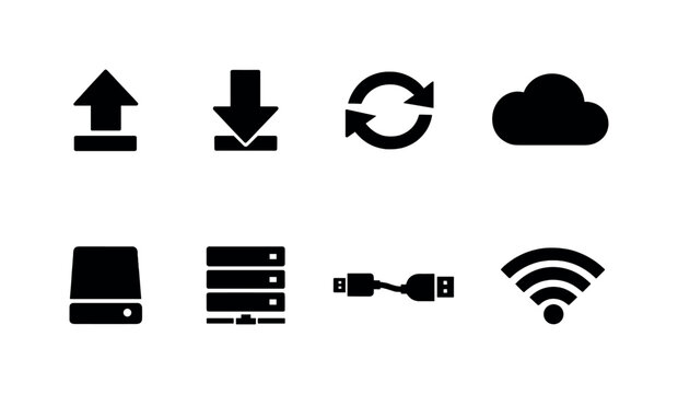File transfer: upload arrow, download arrow, sync arrows, cloud storage, external drive, server stack, transfer cable, wireless signal.