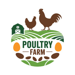 Agriculture poultry farm emblem featuring silhouette of chickens over green hills with barn and eggs for food industry branding. © MOSTKHADIZA