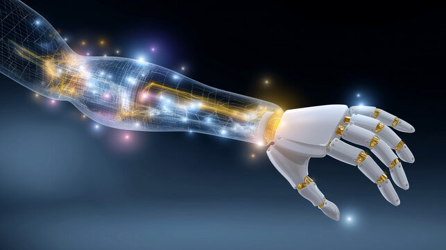 Futuristic robotic hand connecting with human hand symbolizing technology collaboration and digital innovation with glowing network links