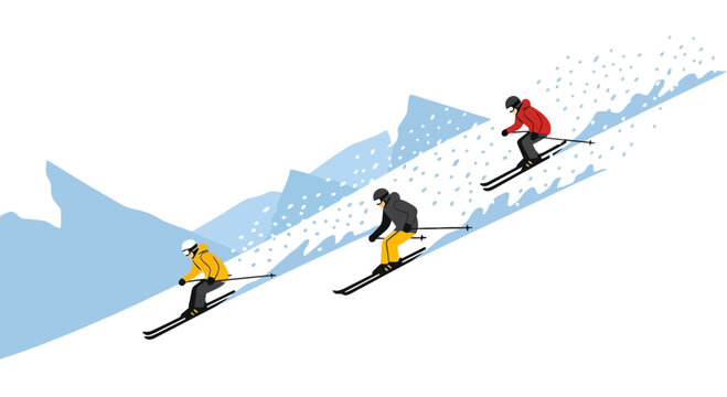 Group of People Downhill Skiing on Snowy Mountain Vector