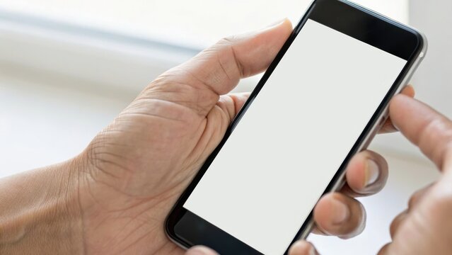 Close-up of hands holding a smartphone with a blank white screen, showcasing mobile technology and user interaction.