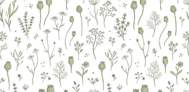 Seamless pattern of delicate dried flowers and herbs in a vintage botanical illustration style, evoking a sense of natural beauty and rustic charm