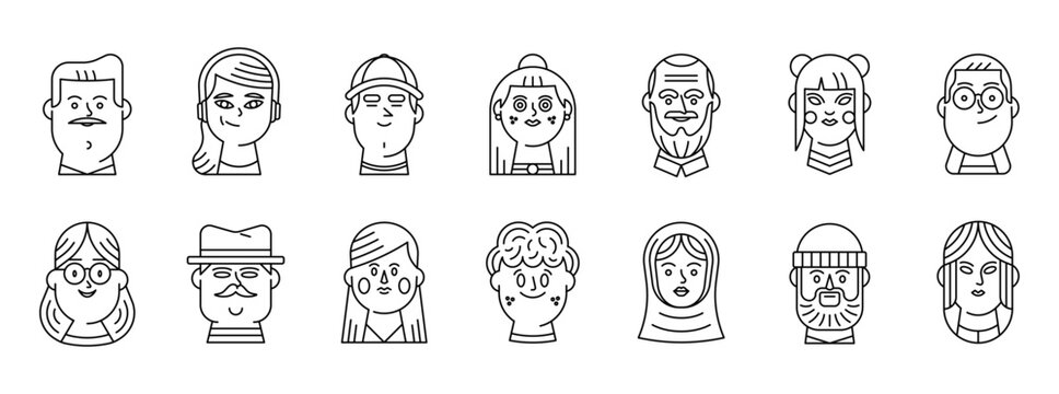 Outline avatar set with diverse people faces line icons