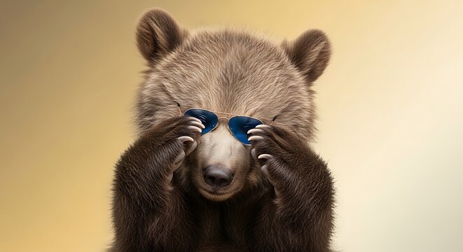 An adorable bear cub playfully pushes up bright blue sunglasses on its face, looking cute and bashful.