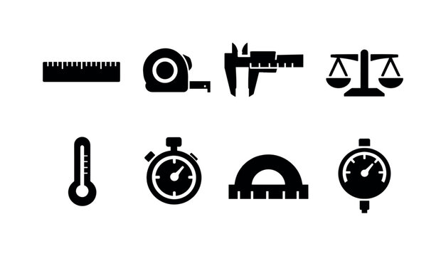 Measurement tools set: ruler, measuring tape, caliper, scale balance, thermometer, stopwatch, protractor, gauge dial.
