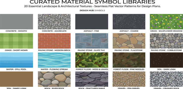 Comprehensive library of seamless vector patterns, ideal for architects and landscape designers, featuring essential material textures like concrete, grass, water, and stone
