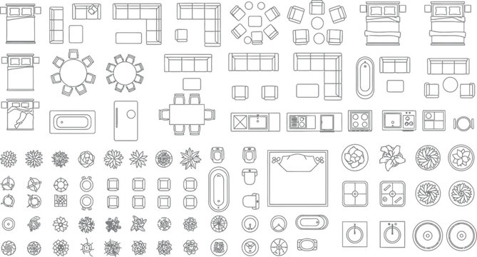 Architectural floor plan symbols collection featuring furniture kitchen appliances bathroom fixtures and landscaping elements in a minimalist vector line art style.