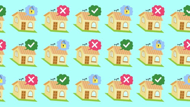 Home security and property status pattern in a background animation. Residential real estate banner in cartoon style. Smart home protection of the house with safety and security wallpaper.
