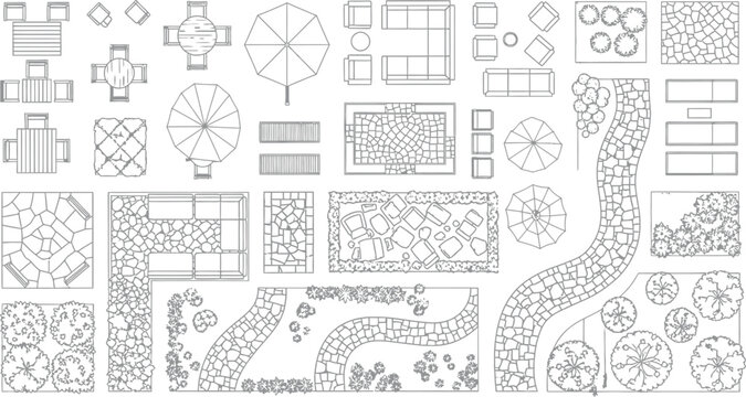 Architectural landscape design symbols set featuring top view garden furniture stone paths trees and patio layouts for professional site planning projects.