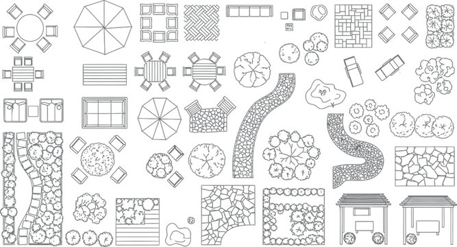 Comprehensive collection of landscape design vector symbols featuring outdoor furniture garden plants stone paths patio umbrellas and architectural site plan elements