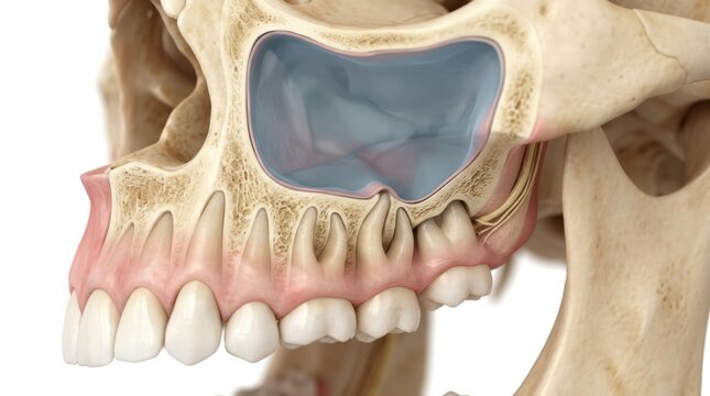 Detailed View of Human Skull Showing Maxillary Sinus and Dental Structure for Educational Purposes in Medical Studies