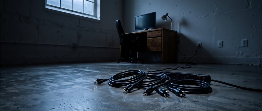 Unplugged power cords on the floor of a dark empty office. Power outage and blackout concept with disconnected computer desk