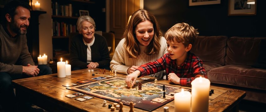 Happy family playing a board game by candlelight in a dark room. Multi generation bonding during a power outage. Blackout concept