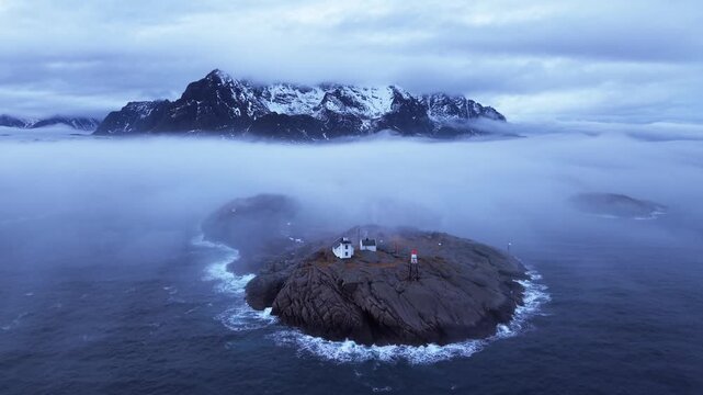 Beautiful landscape view from Henningsvaer village in Lofoten, Norway with mountain in background