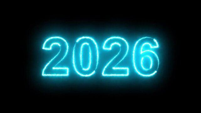 2026 Text Animation, Neon Text Animation 2026, Happy New Year &ldquo;2026&rdquo; text on black background. Seamless loop, 4K horizontal video. Animated glowing neon sign 2026. Happy New Year celebration.4K VIDEO