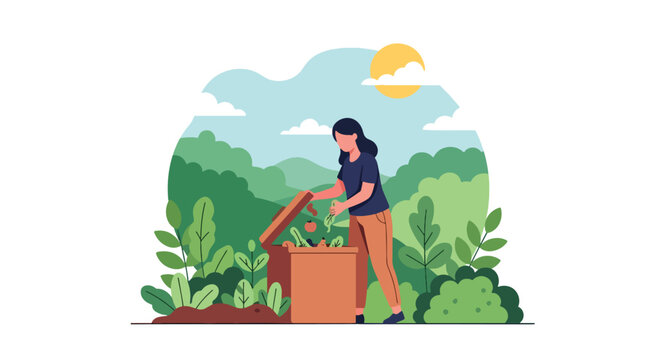Flat style vector illustration of a person composting organic waste in a backyard garden, promoting eco-friendly habits, recycling, and sustainable living practices