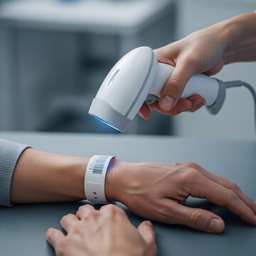Medical Staff Scanning Patient Wristband with Handheld Barcode Scanner in Hospital