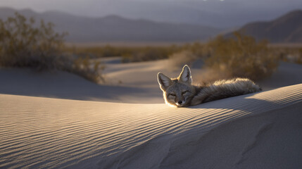 Fototapeta premium Fox Resting on Desert Dunes at Sunrise