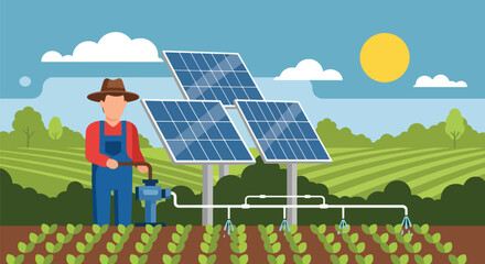 Flat style vector illustration of a farmer using solar-powered irrigation on farmland, highlighting renewable energy, sustainable agriculture, and eco-friendly farming practices © Amie