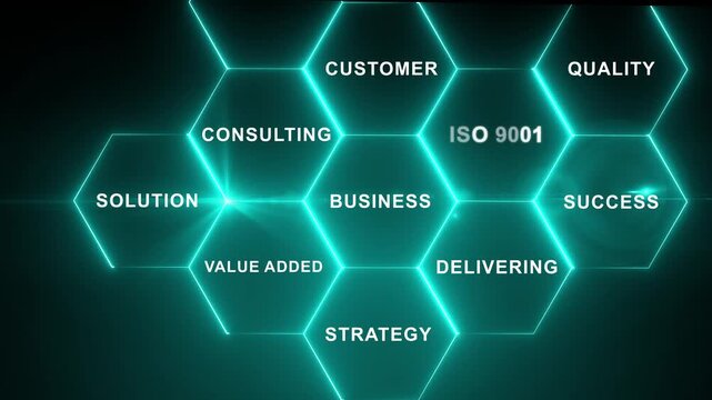 Glowing neon ISO 9001 standard for quality management of organizations with a technology concept.4k motion video