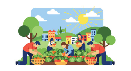 Obraz premium Flat style vector illustration of people harvesting vegetables in a community garden, promoting local food production, sustainability, and eco-friendly lifestyle in neighborhoods