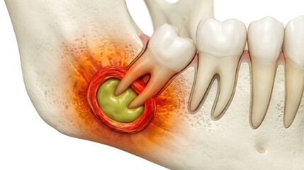 Fototapeta premium Detailed Depiction of Dental Abscess With Surrounding Tissue and Tooth Structure at 4x Magnification