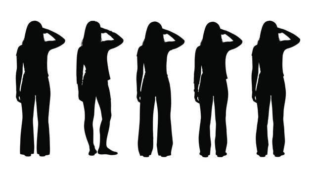 Five silhouetted women are shown in a repeating pose hands raised to their heads