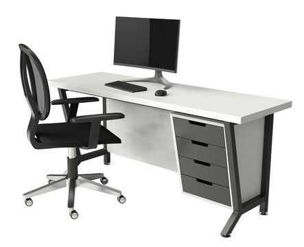 Office desk with widescreen computer monitor, wireless keyboard, mouse, and black office chair. 3d illustration transparent background