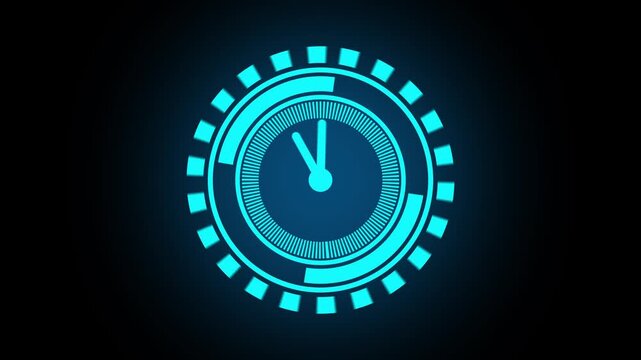 Glowing Animation of data processing and arrows over clock moving.Animation of moving clock and scope scanning over arrows and data processing.4k motion video