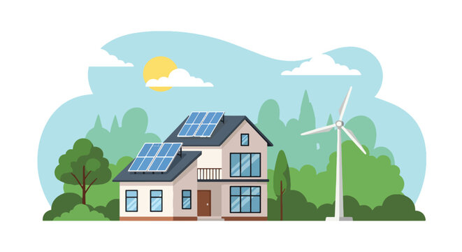 Flat style vector illustration of a smart eco house powered by solar panels and wind turbine, highlighting renewable energy, sustainability, and modern green living solutions
