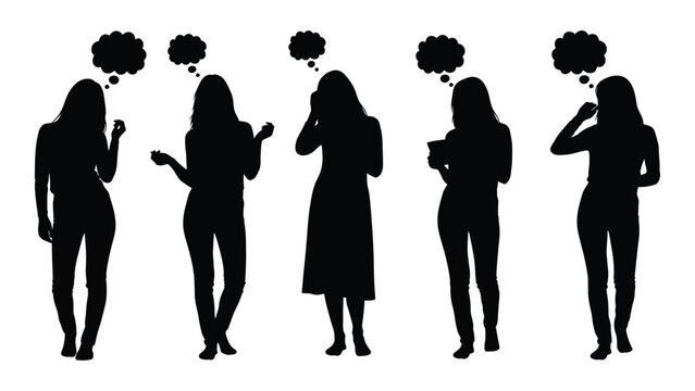 Silhouettes of five women each with a thought bubble above their heads