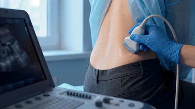 Medical professional performs a diagnostic kidney ultrasound on a patient. Focus on healthcare, medical examination, and technology