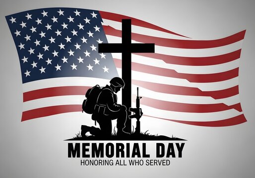 Memorial Day American soldier kneeling by cross  honoring veterans