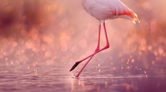 Flamingo walking on shallow water at sunrise