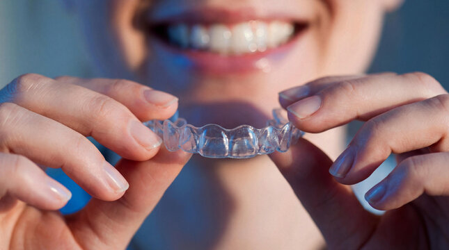 Close-up of a happy woman holding an invisible aligner for straight teeth. Modern dental care solution for a confident, happy smile