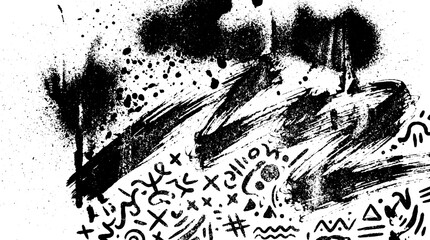 Abstract black and white grunge background with ink splatters bold brush stroke shapes hand drawn doodle symbols line art street art abstract background splatter artistic distressed © HexaFrame