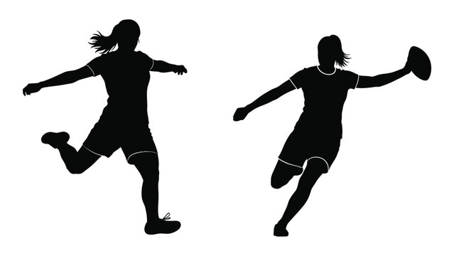 Two female athletes depicted in silhouette actively playing ultimate frisbee high quality
