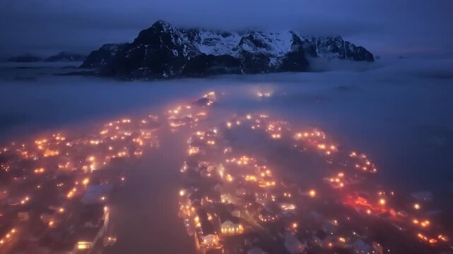 Beautiful landscape view from Henningsvaer village in Lofoten, Norway with mountain in background