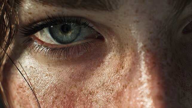 A macro beauty view of a green human eye featuring a detailed iris and pupil framed by long eyelashes and a soft eyebrow on a woman's face