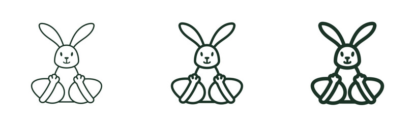 Fototapeta premium Cute bunny holding Easter eggs in thin, regular, bold outline styles. Outline icon symbolizing Easter egg hunting tradition. Ideal for kids’ designs, stickers, packaging. Isolated vector illustration