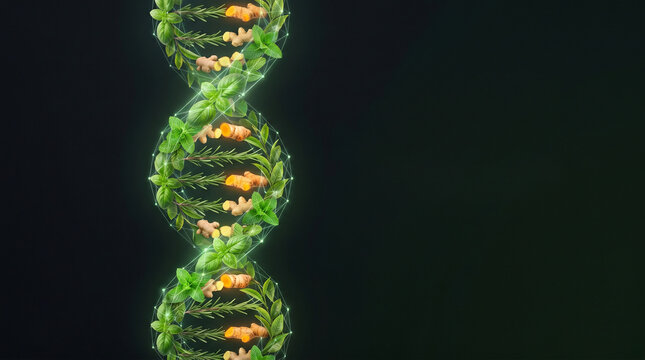 Conceptual image of a DNA molecule made of green leaves and plants. Symbol of genetic engineering, biotechnology, environmental awareness, and the unbreakable bond between humans and nature.